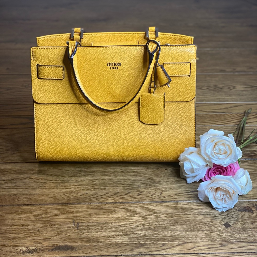 Guess Yellow Pebbled Leather Tote Shoulder Bag